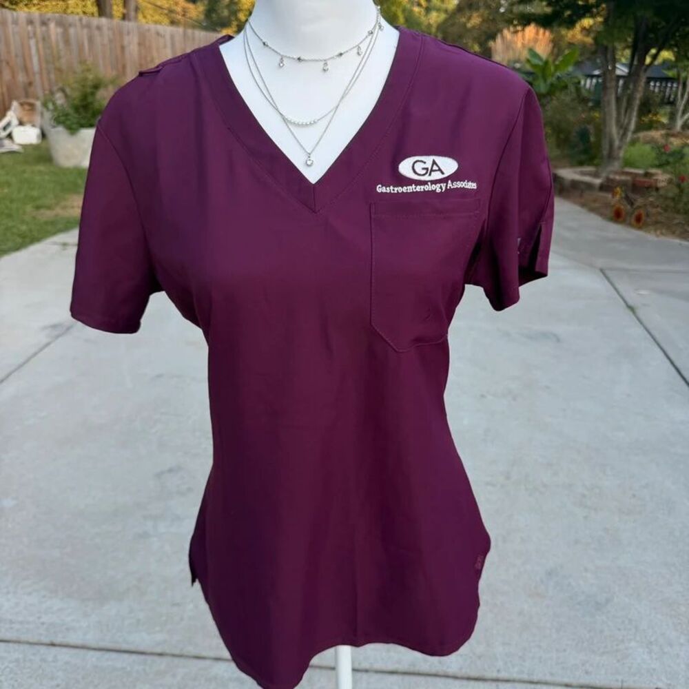 Med Couture Red Purple V Neck Scrub Top Insight Pocket Medium